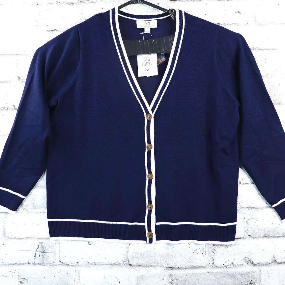 Magaschoni Two Colour Navy Blue/ White Sweater Size 1X Casual Cardigan Women's